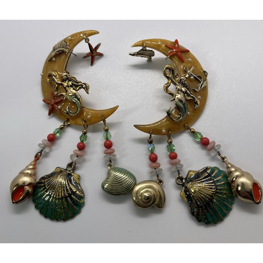 Moulin Rouge Vintage Earrings Mermaid  Seaside Moon Dangle Enamel Signed 80s